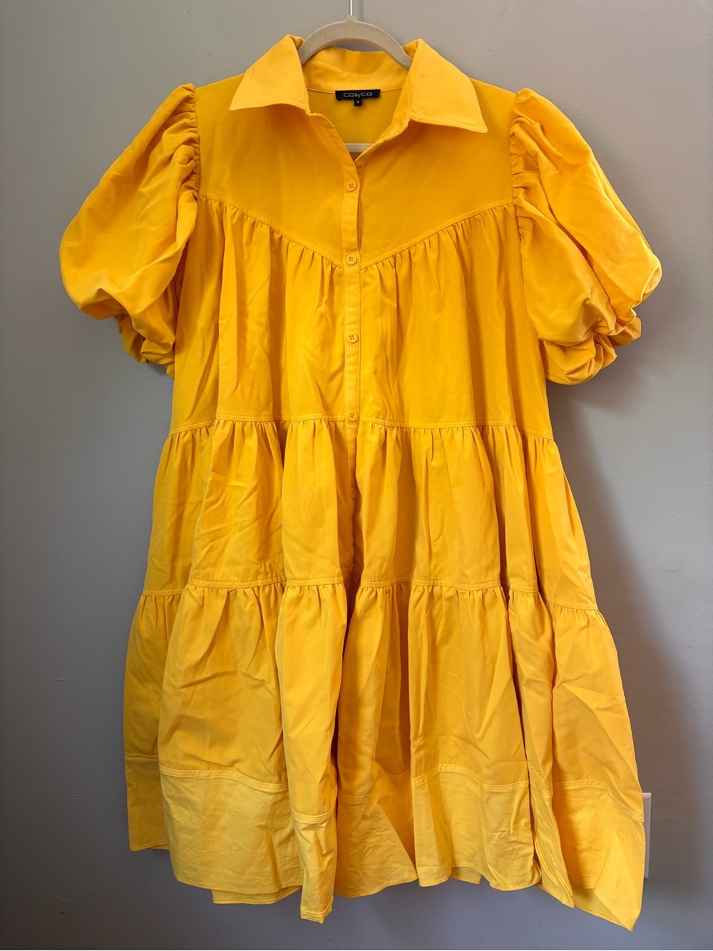 CQ by CQ Yellow Puff Sleeve Tiered Button-Front Dress